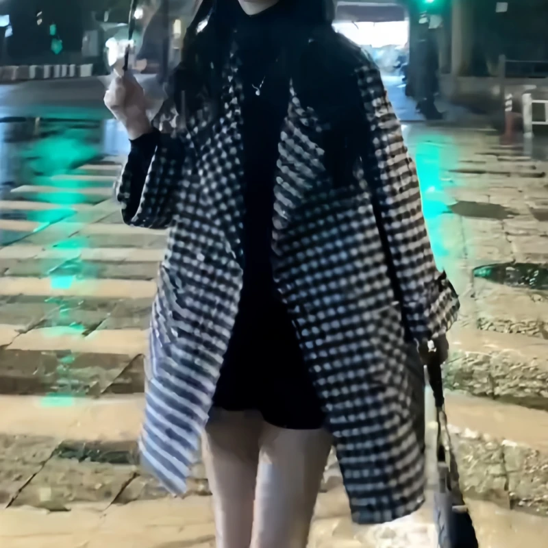 秋季新款千鸟格时尚气质风大衣韩版宽松中长款气质洋气时尚外套女