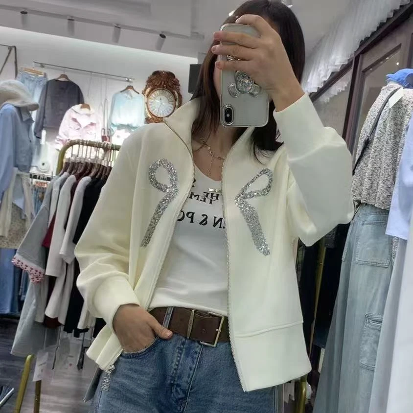 实体店重工艺烫钻蝴蝶结时尚休闲洋气立领开衫外搭上衣外套女春季