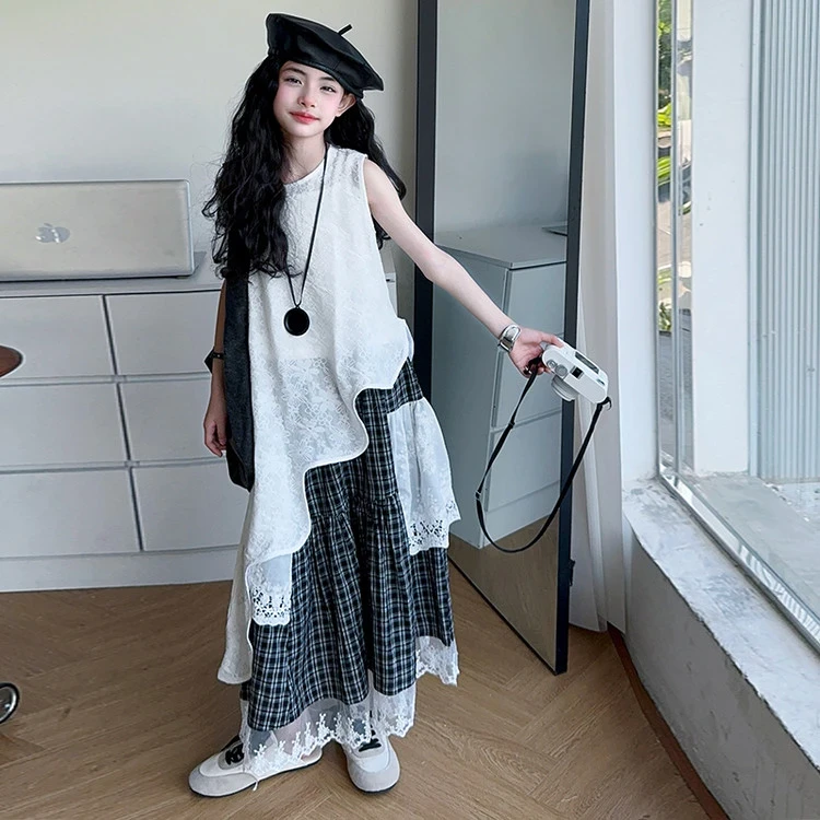 女童夏季新款小众设计感吊带罩衫拼接格子裙显瘦气质甜酷三件套装