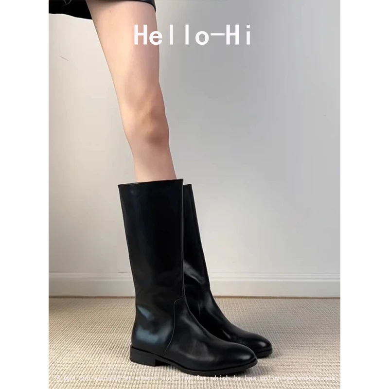 牛皮版~骑士靴女秋冬新款复古极简圆头高筒显瘦粗跟不过膝长筒靴
