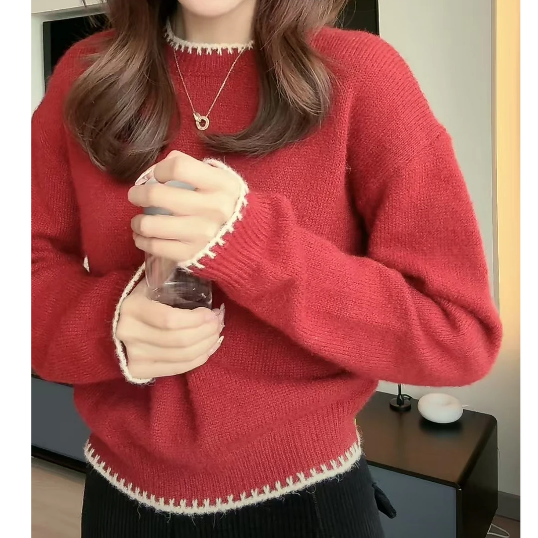 2026韩系春秋新款红色新年女毛衣设计感拼色圆领长袖针织衫H5-36