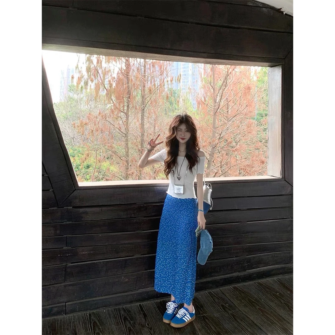 清新蓝色碎花半身裙女夏季气质高腰显瘦设计时尚开叉中长裙百褶裙