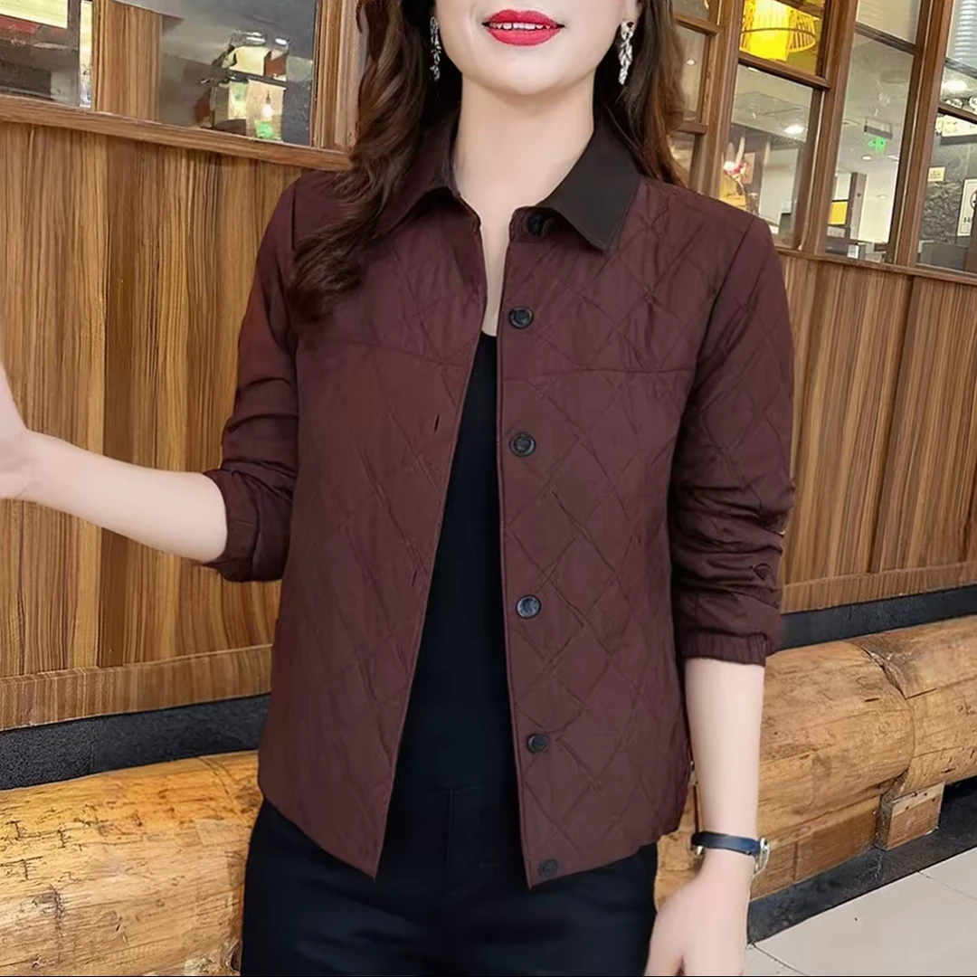 冬季新款加棉外套气质百搭显瘦减龄设计感纯色翻领撞色菱形格上衣