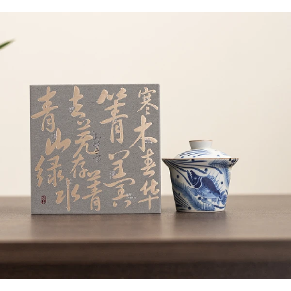 羊脂玉瓷手绘鱼藻纹二才盖碗（礼盒）高档陶瓷主人杯中式茶道带盖碗