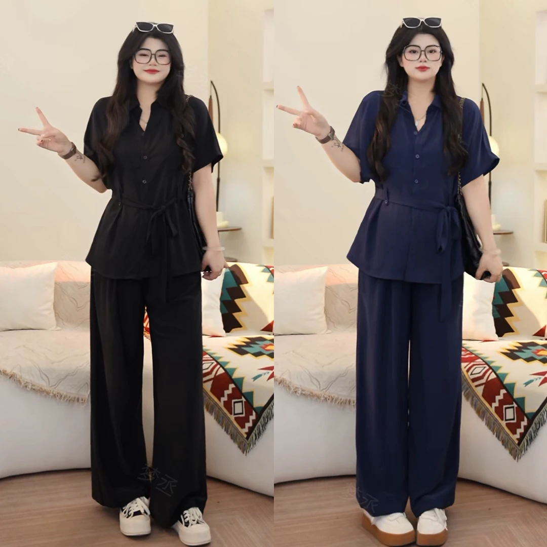 梦丞【高智学姐】夏季大码女装时尚绑带收腰衬衫上衣+阔腿裤套装