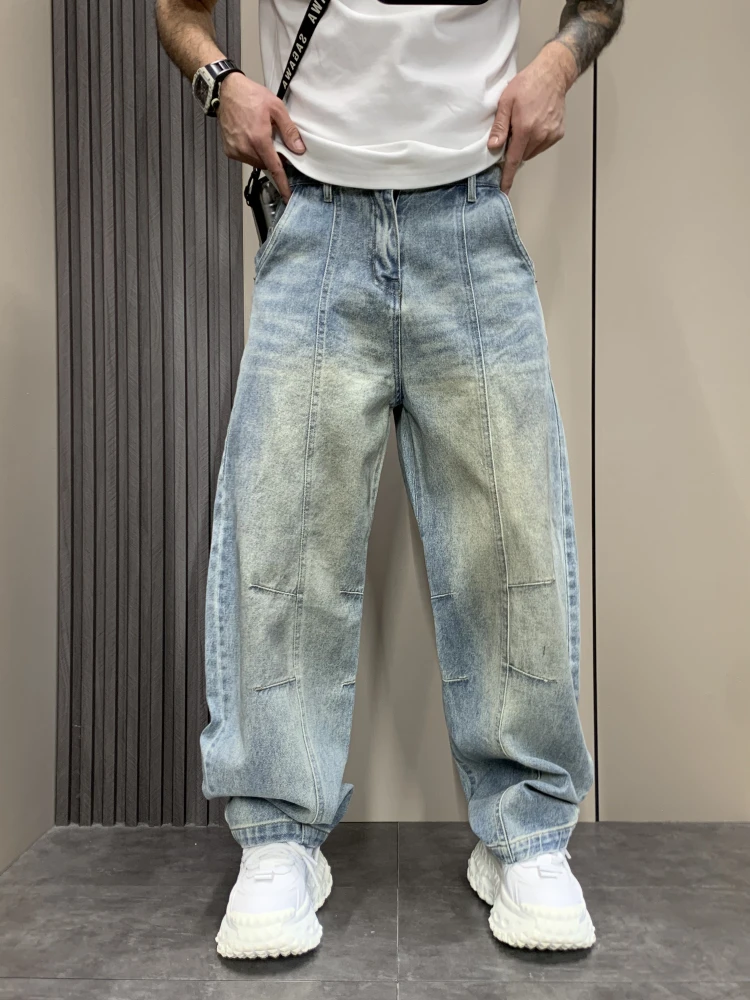 潮牌春夏设计感怀旧蓝牛仔裤男复古拼接老爹裤宽松阔腿痞帅直筒裤