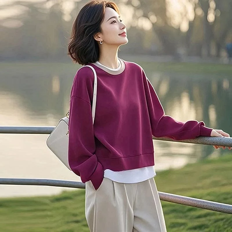 韩式新款高级感百搭上衣2025春季圆领套头不装款设计感卫衣外套女