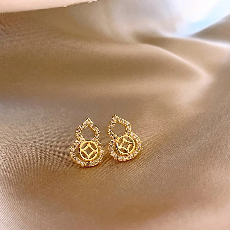 合金耳饰 YIZUN.CHOMEL旺财葫芦耳钉独特新款小众耳环金色复古