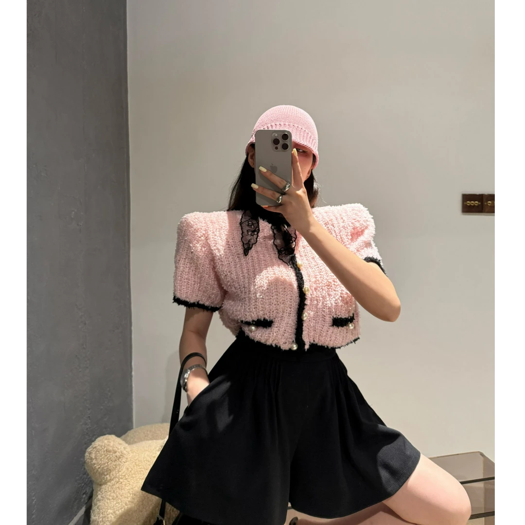 【超韩！！！】泡菜订制小香风珍珠扣撞色珍珠上衣