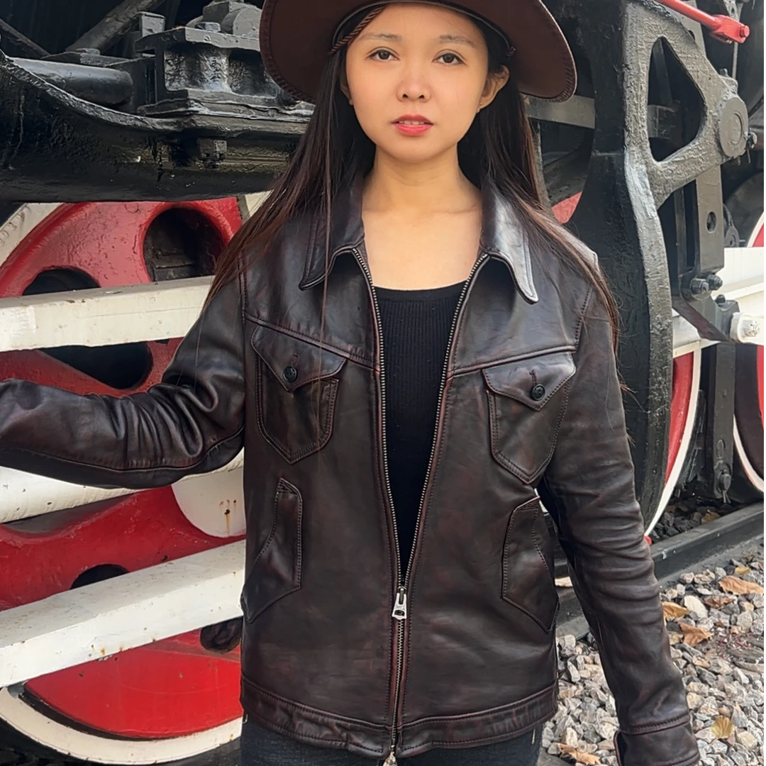 重水洗全植鞣美式复古做旧西部翻领修身男士皮衣马皮门多萨皮夹克