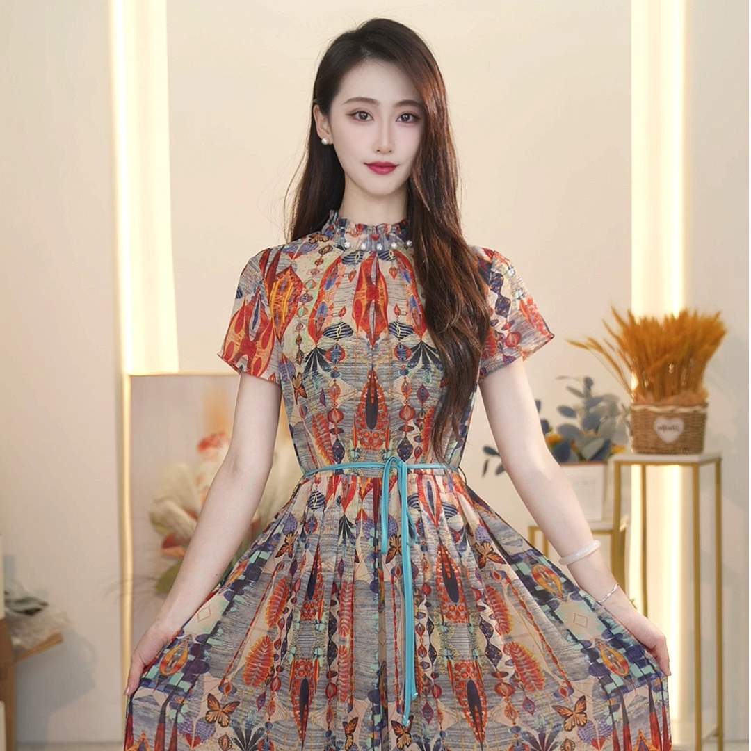格澜芙莉2025年夏季新款中长裙轻奢法式浪漫立领高端女装连衣裙