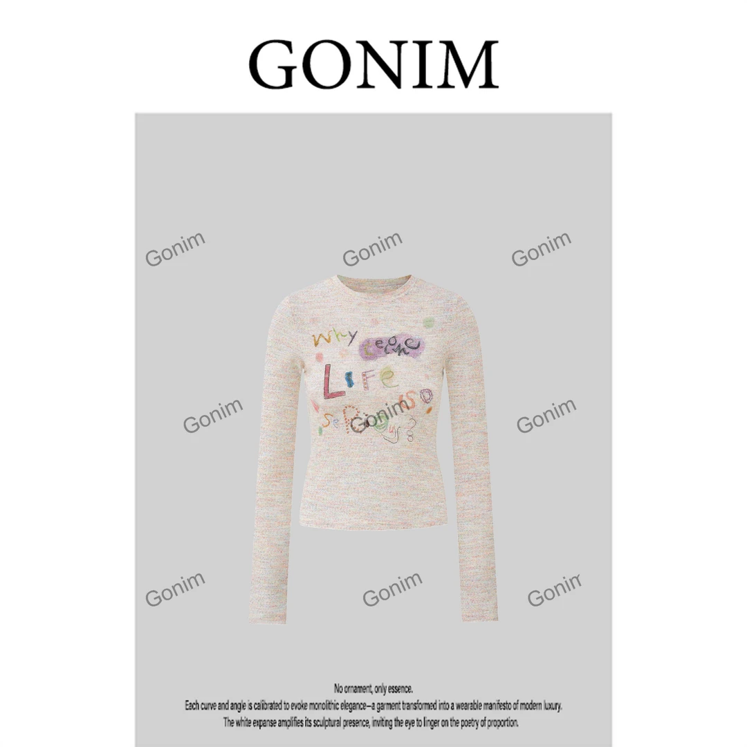 Gonim·"字母趣想"2025春秋字母时尚百搭印花重工长袖T恤女