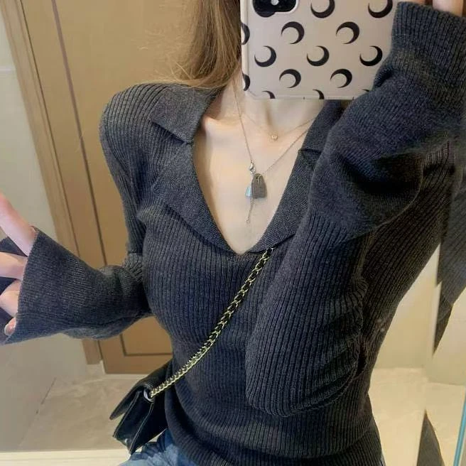 女装韩版毛衣2025春季新款V领长袖纯色打底衫T恤女71933