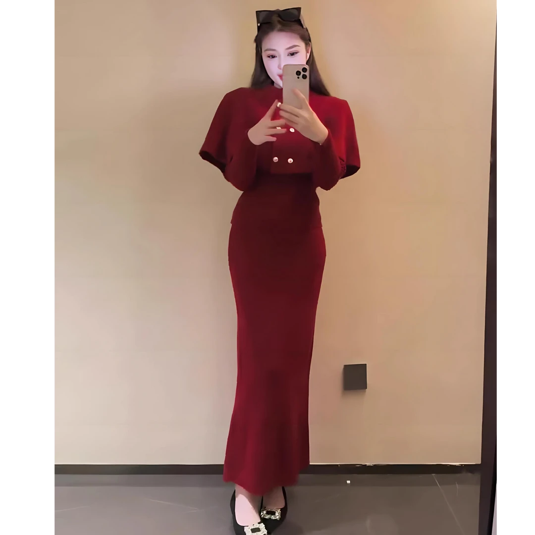 秋冬独特设计感高端名媛女神范针织连衣裙气质披肩斗篷裙三件套潮