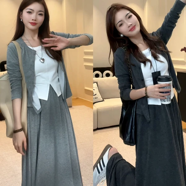 秋季穿搭套装2025女装开衫卫衣短袖半身裙慵懒洋气时尚休闲三件套