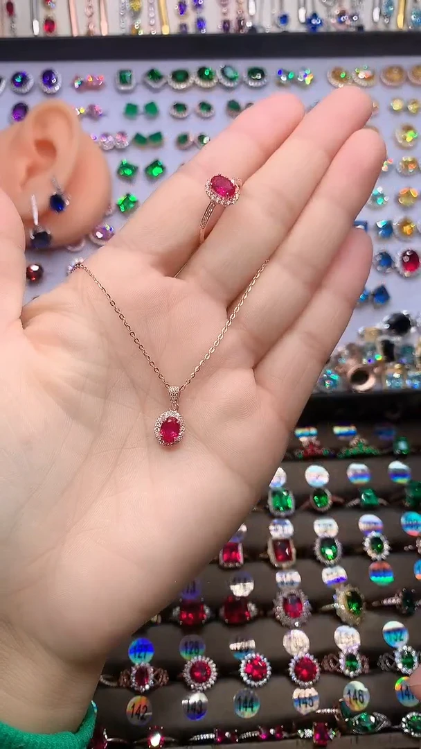 【闪购商品】红宝石戒指，吊坠一套银S925镶嵌玫瑰金5.7