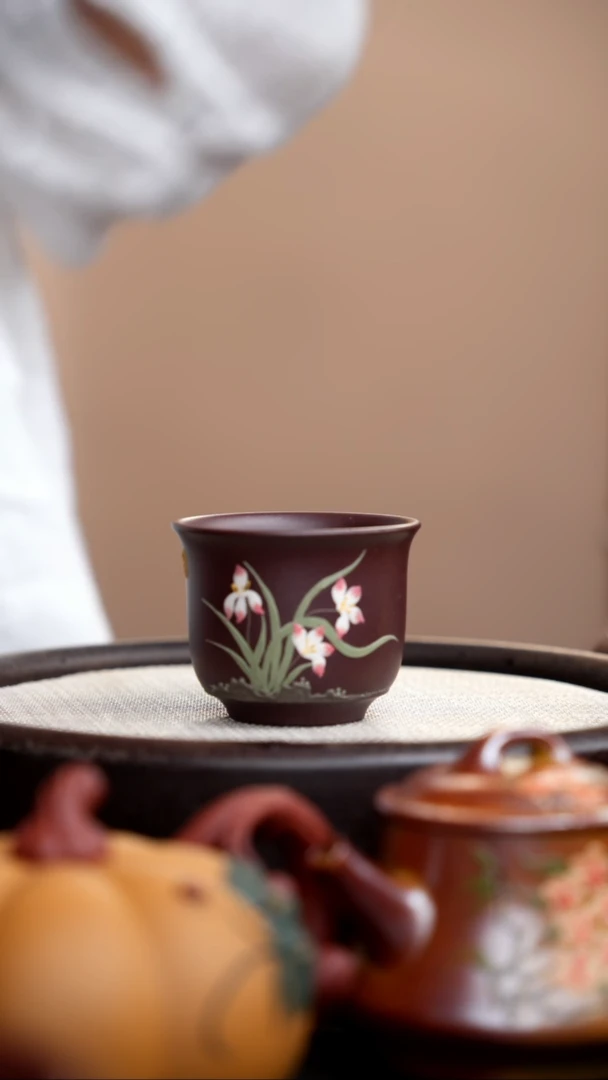 茶壶紫砂紫脂铃铛杯蝴蝶兰