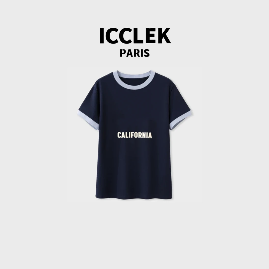 ICCLEK 圆领撞色复古连笔字短袖T恤百搭蓝色撞字母宽松时尚 -2557