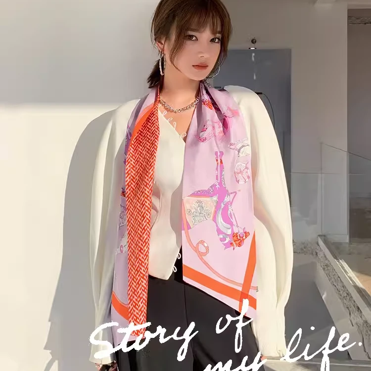 「H字母马车」双层双面真丝斜纹绸大飘带装饰丝巾头巾腰带大领巾