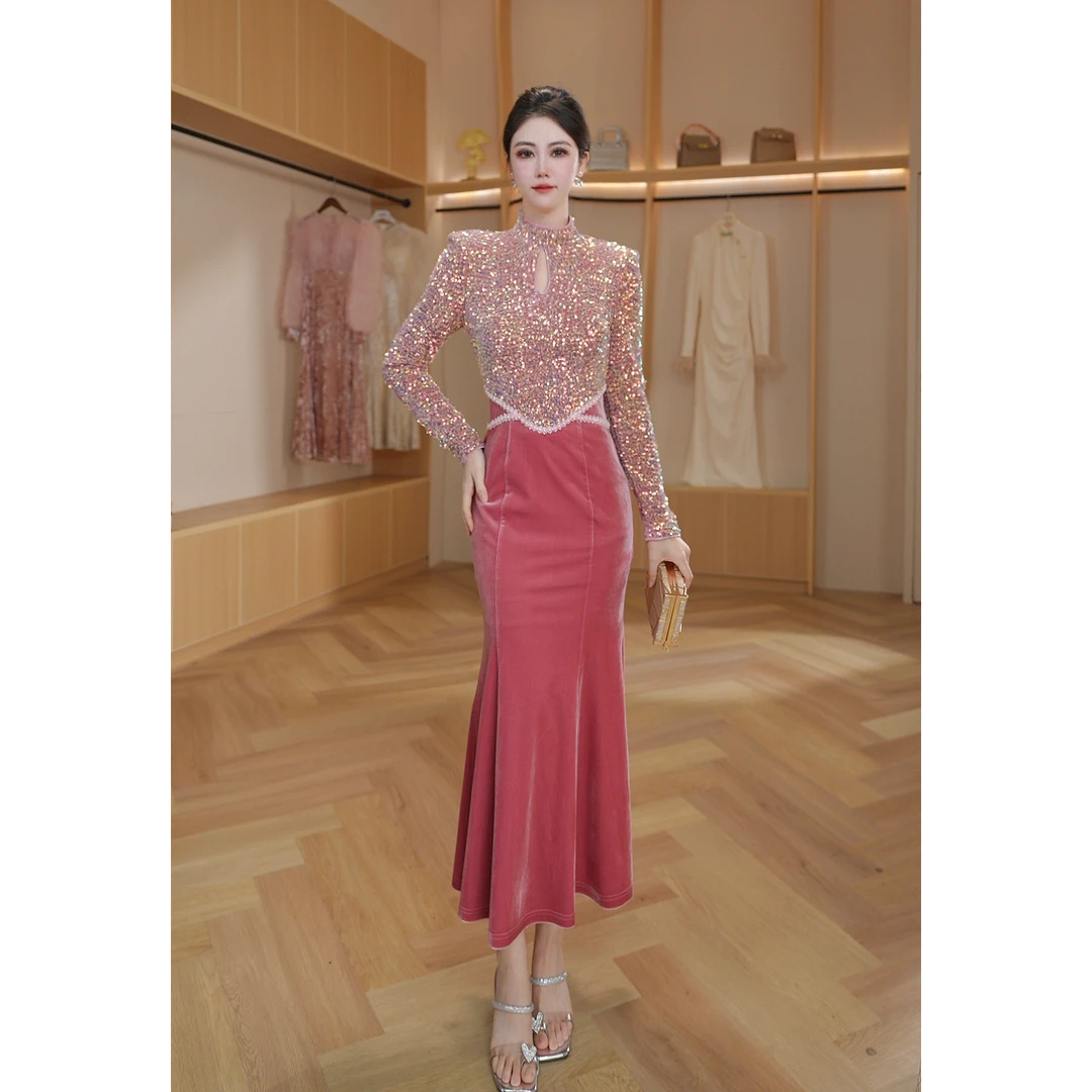 琼仪原创『粉黛佳人』秋季气质修身显瘦拼长款时尚接连衣裙51528