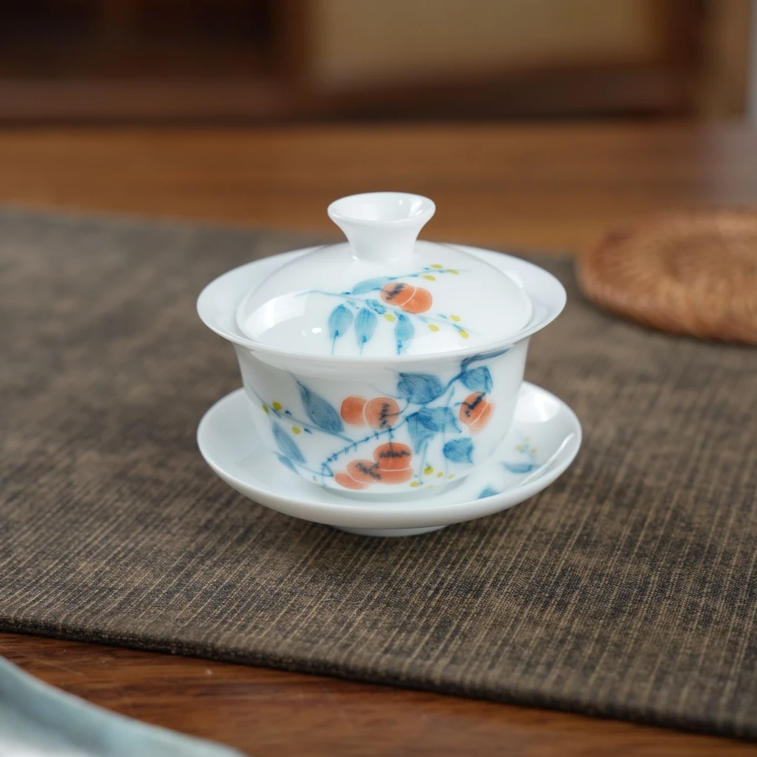 纯手绘高温釉下彩柿子80ml三才小号茶盖碗