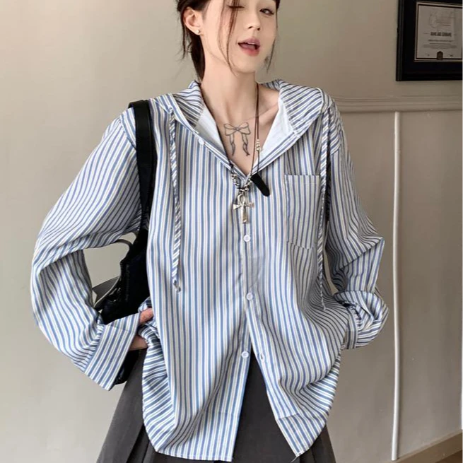新款连帽衬衫上衣小众衬衣竖条纹百搭韩系洋气通勤简约2025女长袖
