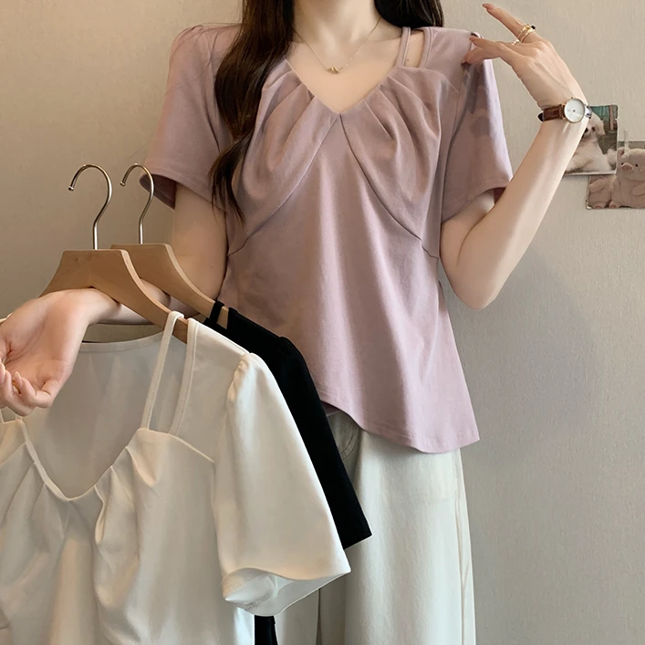 2025夏新胖mm大码女洋气减龄设计感镂空纯欲短袖T恤上衣小众女装