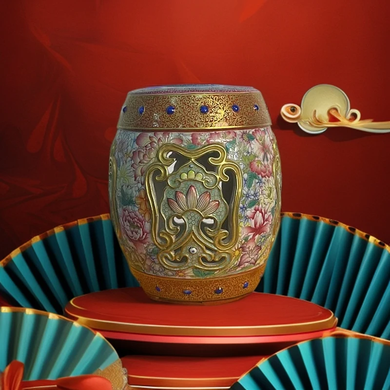 A38三金福瓷/珐琅彩花卉镂空鼓凳/甄选/一件