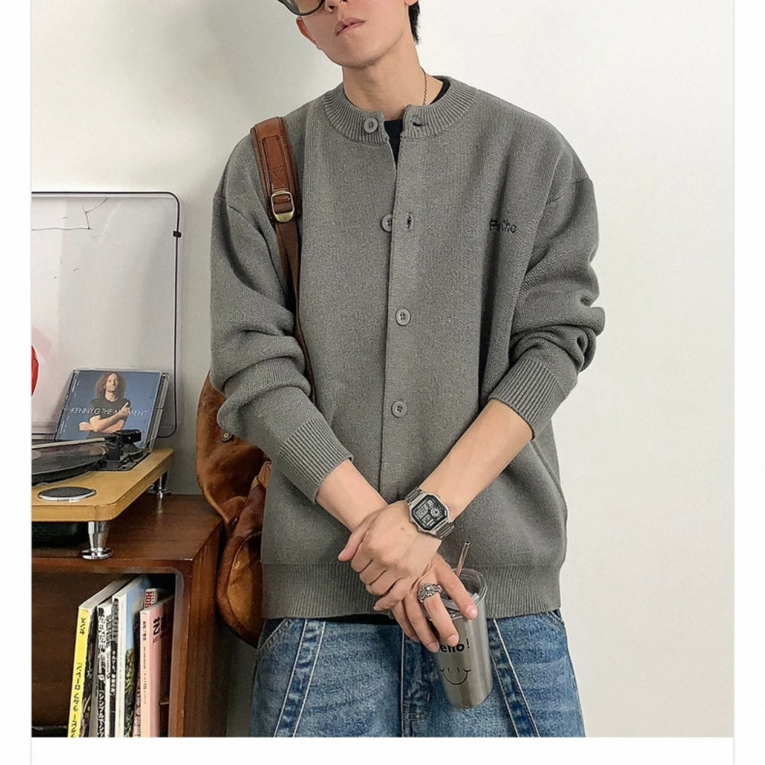 慵懒风圆领开衫毛衣外套男春秋季潮牌男装休闲单排扣针织衫6618