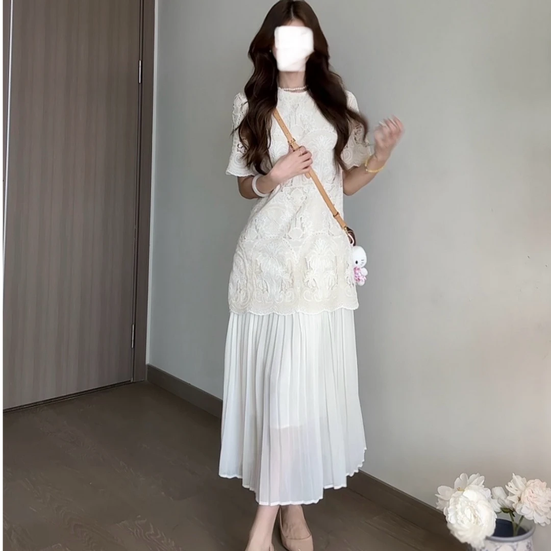 法式重工镂空钩花连衣裙夏季百褶显瘦裙子气质长裙AM25059