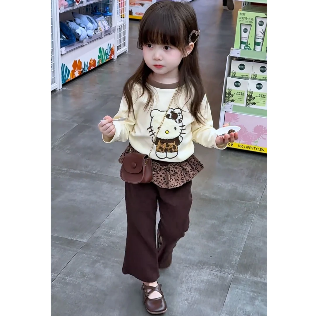 女童秋季新款套装洋气卡通猫咪上衣韩版屁帘裤子休闲两件套