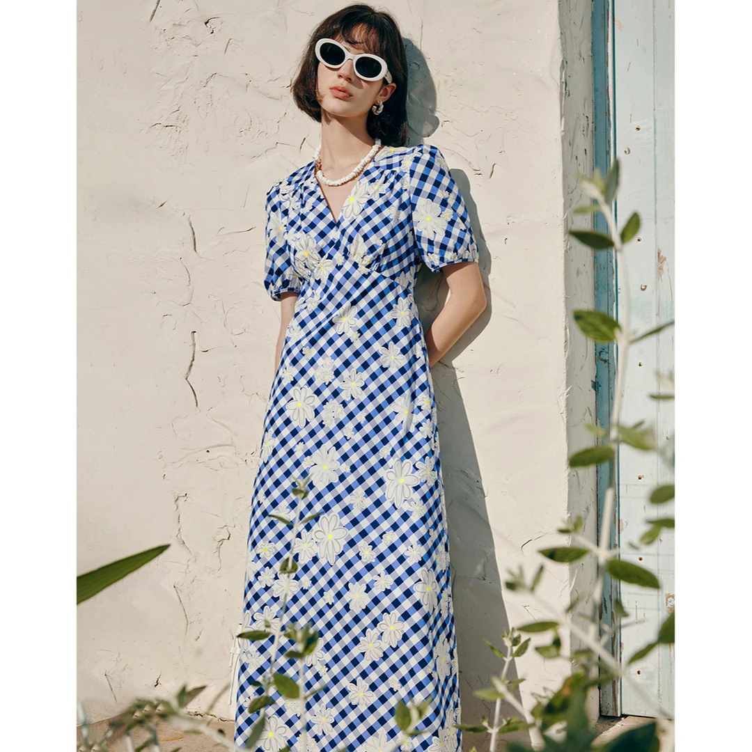【诗语专属】法曼萱蓝白格子连衣裙女春夏a字裙FQZ5905