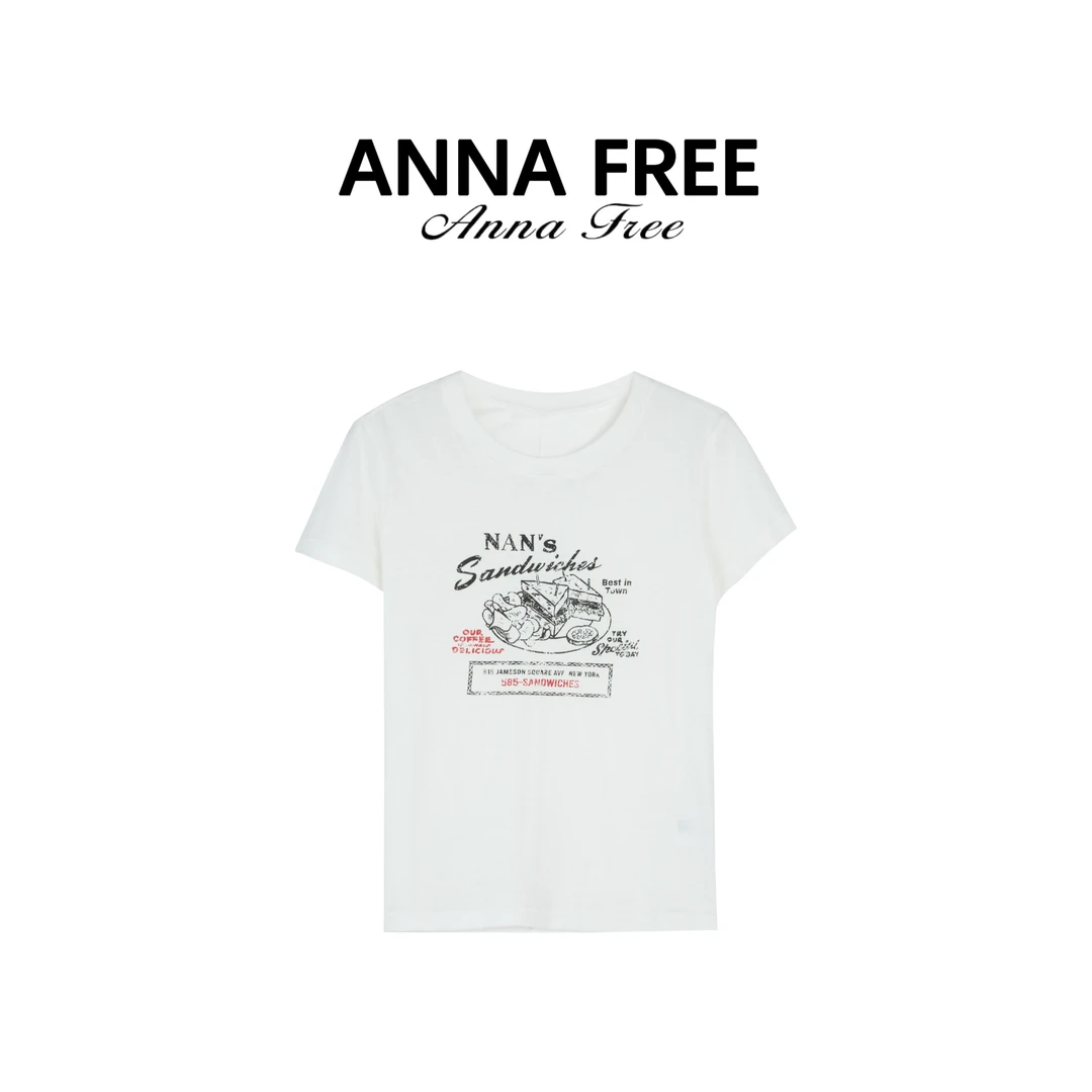 ANNA FREE【三明治】印花圆领短袖T恤夏季简约白色宽松Z8558