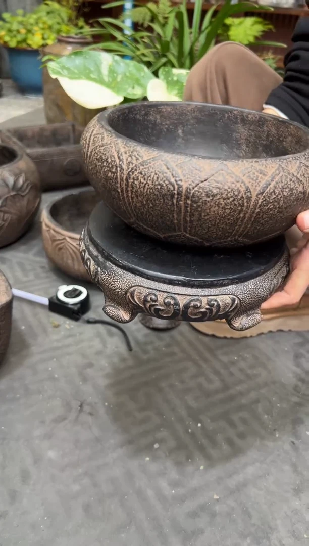 陶土【火山泥】莲花钵+素面万寿藤圆小底座