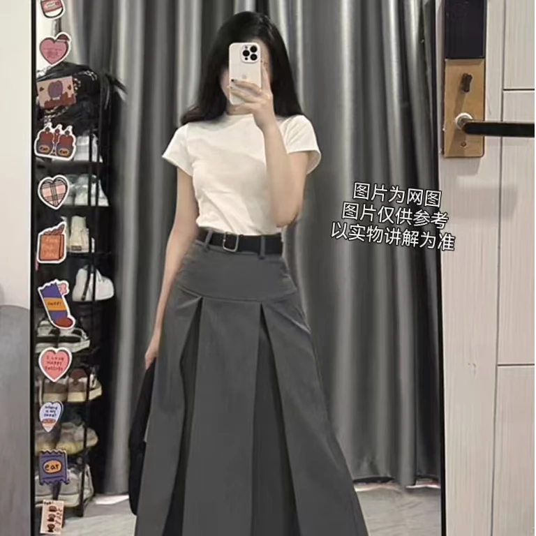 2025春季大码女装套装韩系半高领短袖t恤+半身裙（送腰带）