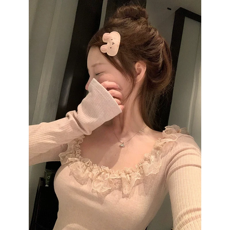 修身显瘦气质打底衫甜辣蕾丝方领长袖t恤女秋冬百搭时尚上衣3208