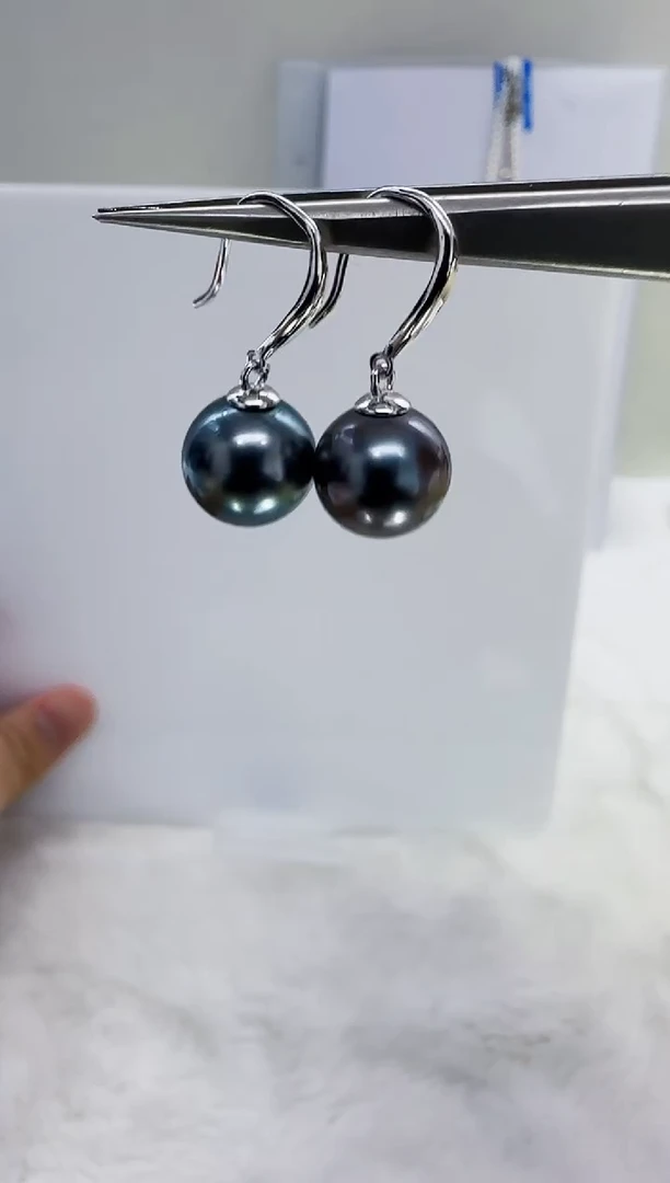 银S925镶嵌海水珍珠DA大溪地珍珠耳饰10-11  y329