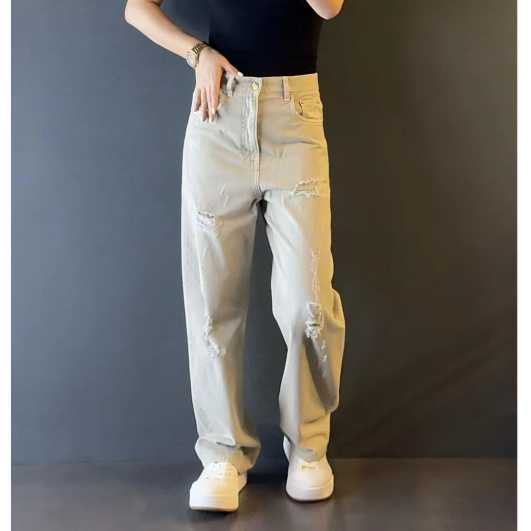 迪卡里奥费雷重工破洞牛仔裤52NZ865秋冬款男装破洞风阔腿牛仔裤