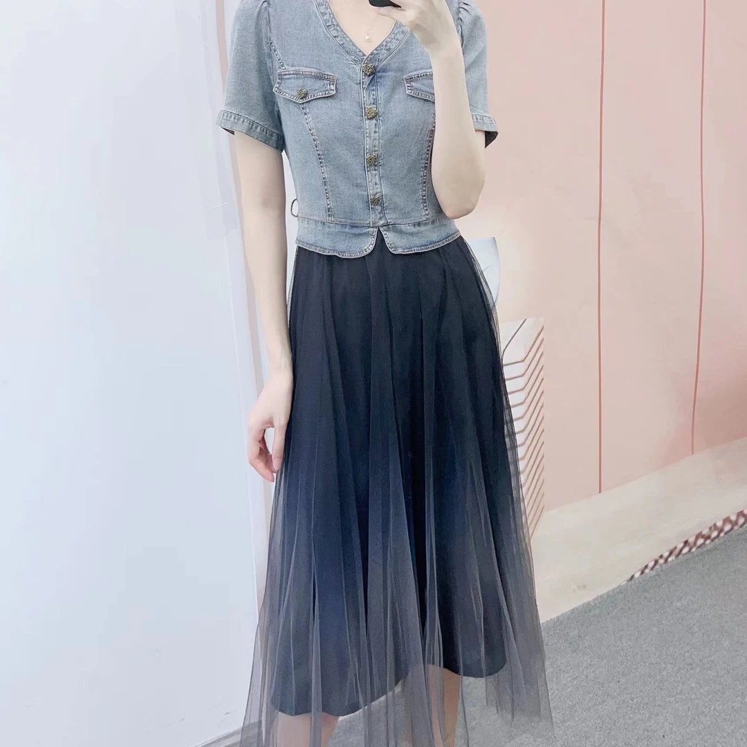 324/L5清仓牛仔拼接渐变网纱连衣裙