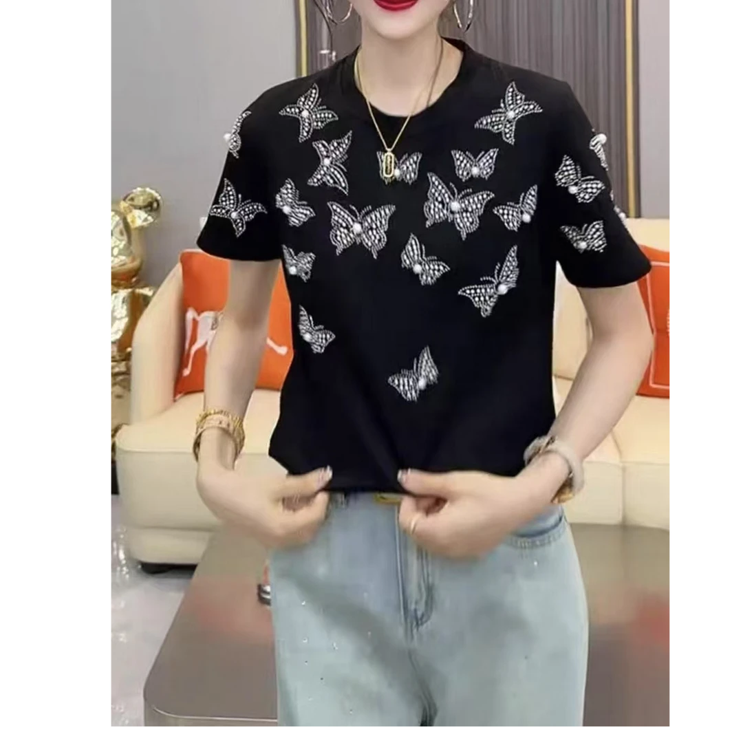 688洋气重工珍珠蝴蝶压钻百搭半袖
