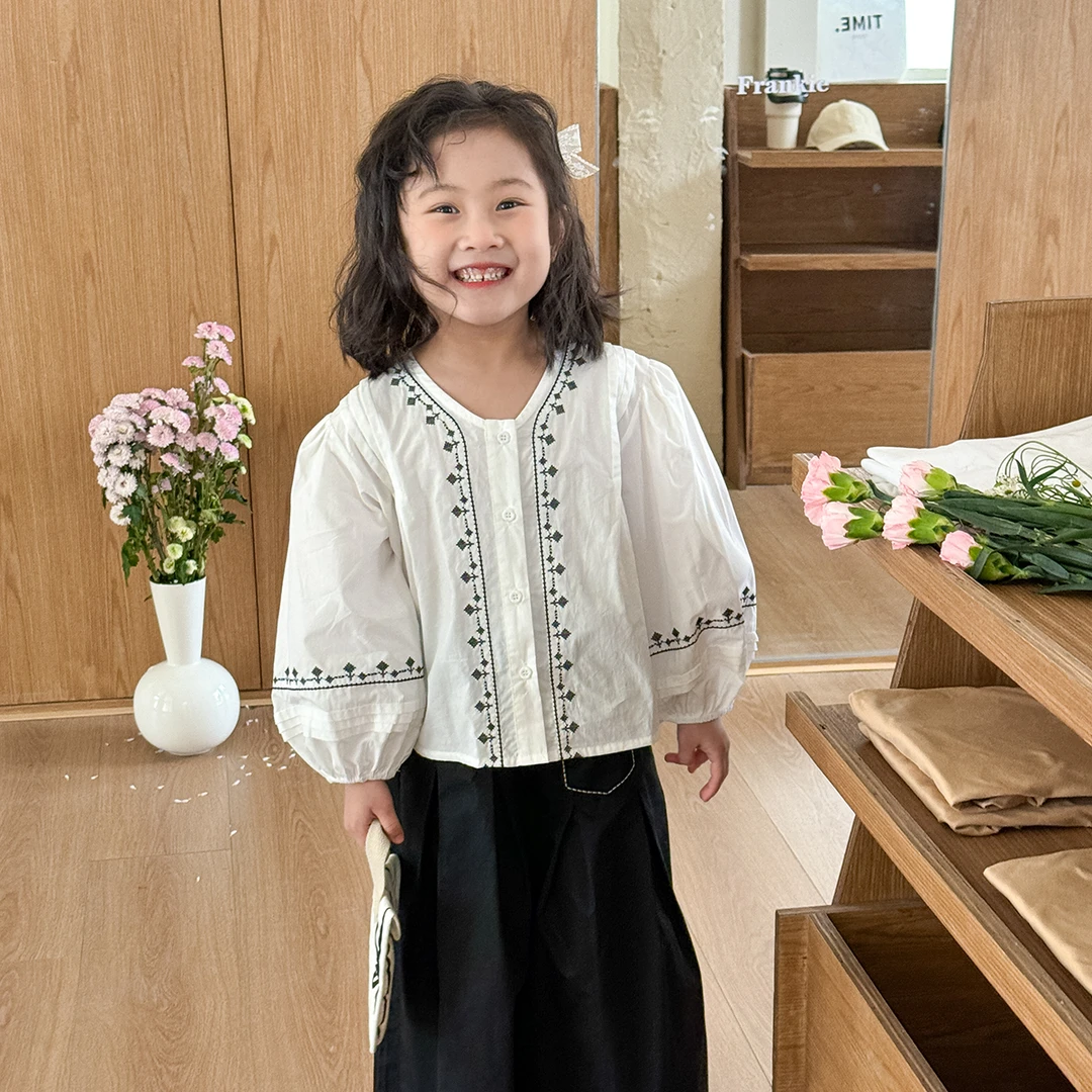 现货【扶缇】100%棉5402女童春秋装刺绣长袖衬衫洋气甜美