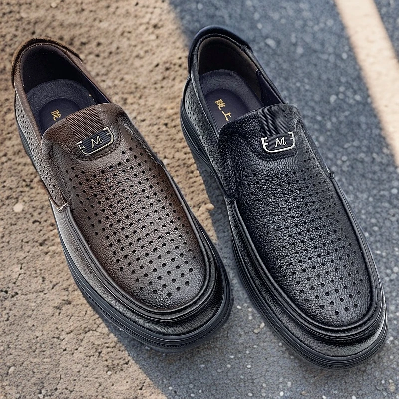 陇上红牛3322-1男士真皮缕空舒适软底软面透气休闲商务洞洞凉皮鞋