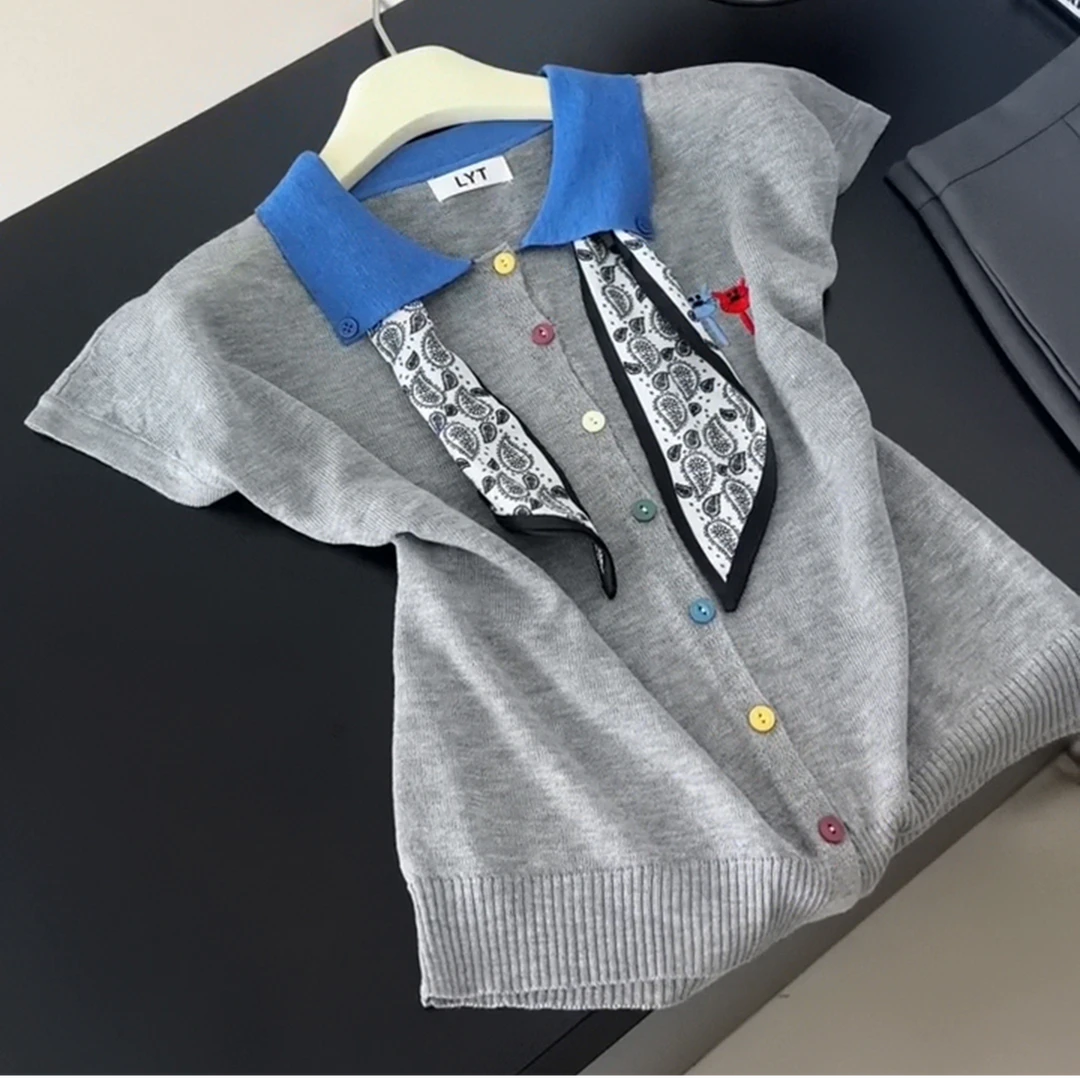 2025夏季新款小众时尚百搭翻领显瘦针织短袖T恤女潮小众洋气上衣