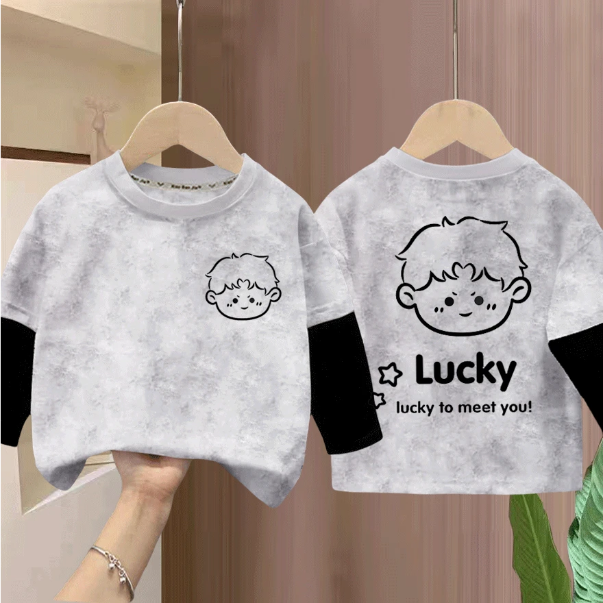 男童扎染春秋纯棉圆领休闲吸汗长袖T恤宽松潮流童装打底百搭上衣t