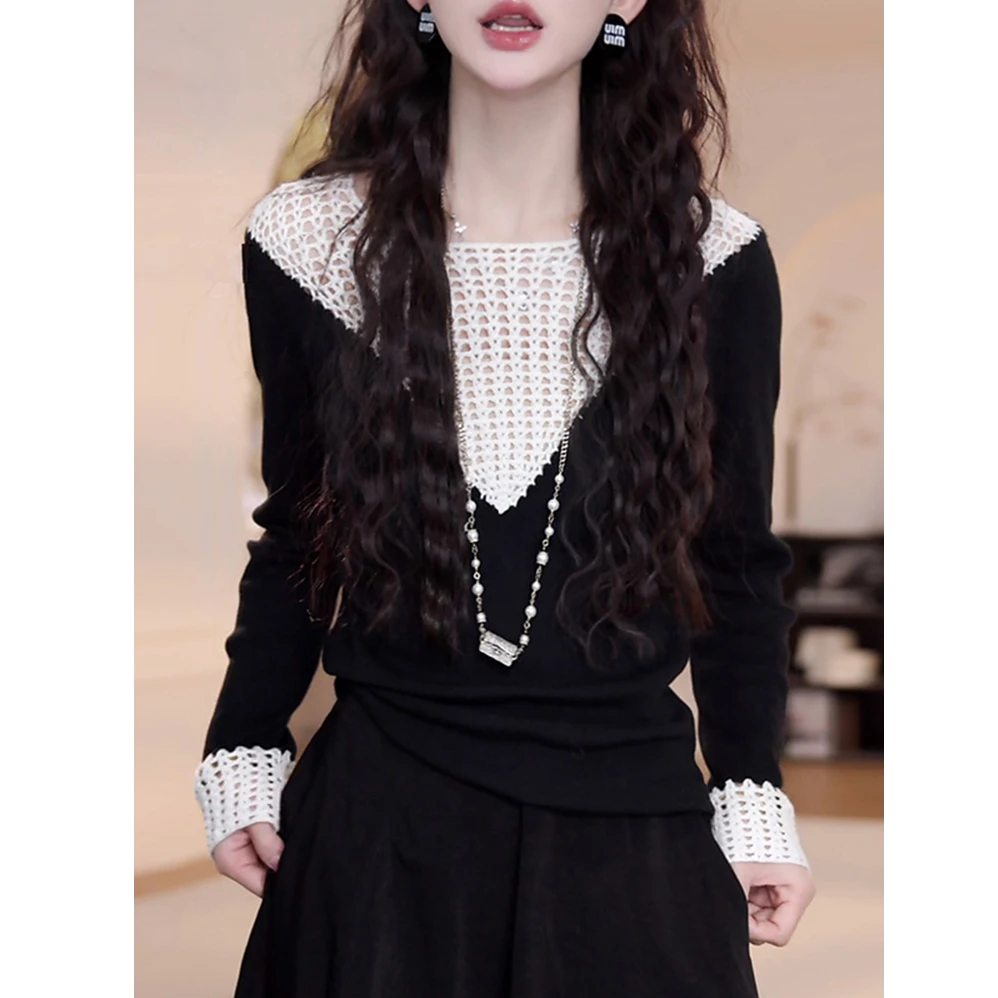 今年流行小众女装2025年早秋百搭手工镂空钩花拼接毛针织长袖上衣