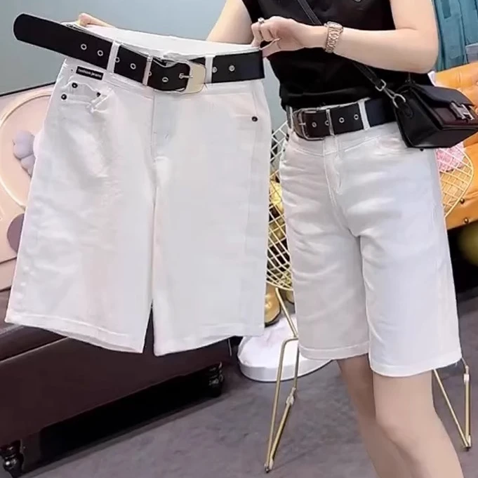 夏季薄款2025新款白色五分裤牛仔短裤女高腰宽松显瘦直筒阔腿中裤