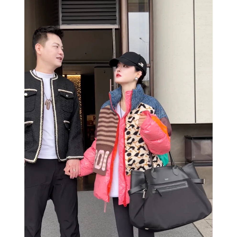 冬季洋气炫彩欧货重工拼接针织保暖棉服外套G0551