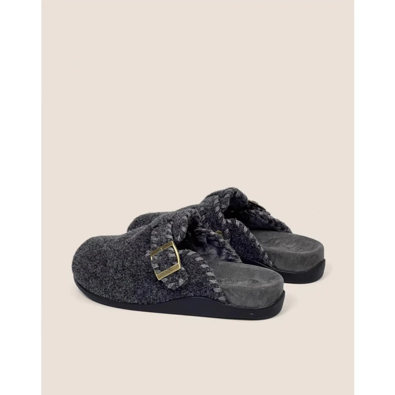 三福新款复古包头半拖鞋女外穿2025年秋冬一脚蹬厚底灰色勃肯鞋