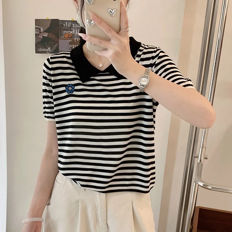 大码女装2025夏装新款假两件针织上衣胖mm百搭条纹短袖T恤50088