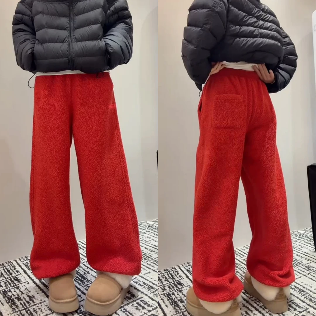 景倩妮红色洋气两穿厚款休闲裤2025年冬季新款高腰显瘦束脚阔腿裤